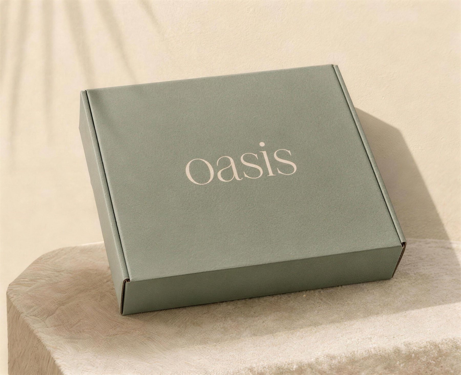 קופסת oasis סגורה בצבע מרווה, על משטח אבן מואר בשמש